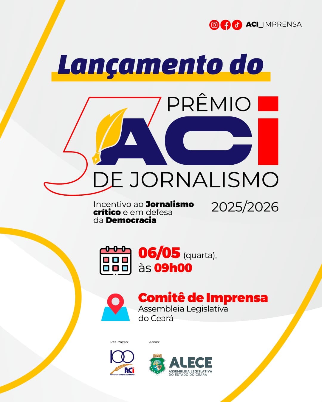 Lançamento do Prêmio ACI de Jornalismo será no dia 6 de maio no Comitê de Imprensa da Alece